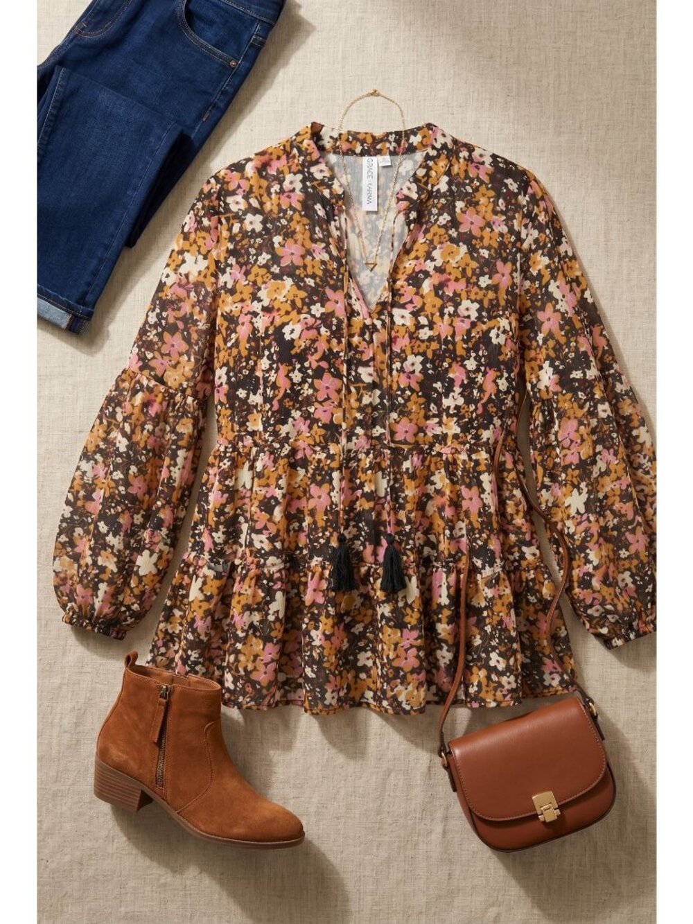 Grace + Karma Women's Large Floral Boho Tiered Blouse Cottagecore Tassel Tie NWT - Picture 5 of 7